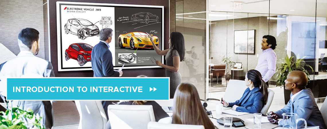 Banner link to interactive page showing group of professionals in baordroom using an interactive display